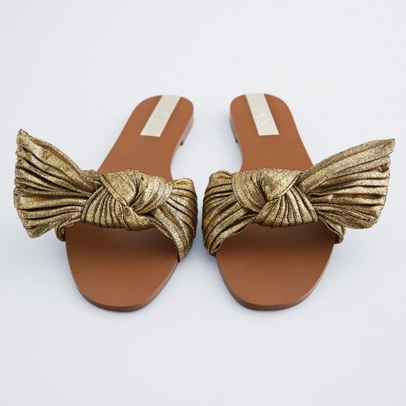 Zara Flat Sandals with Gold Metallic Bow